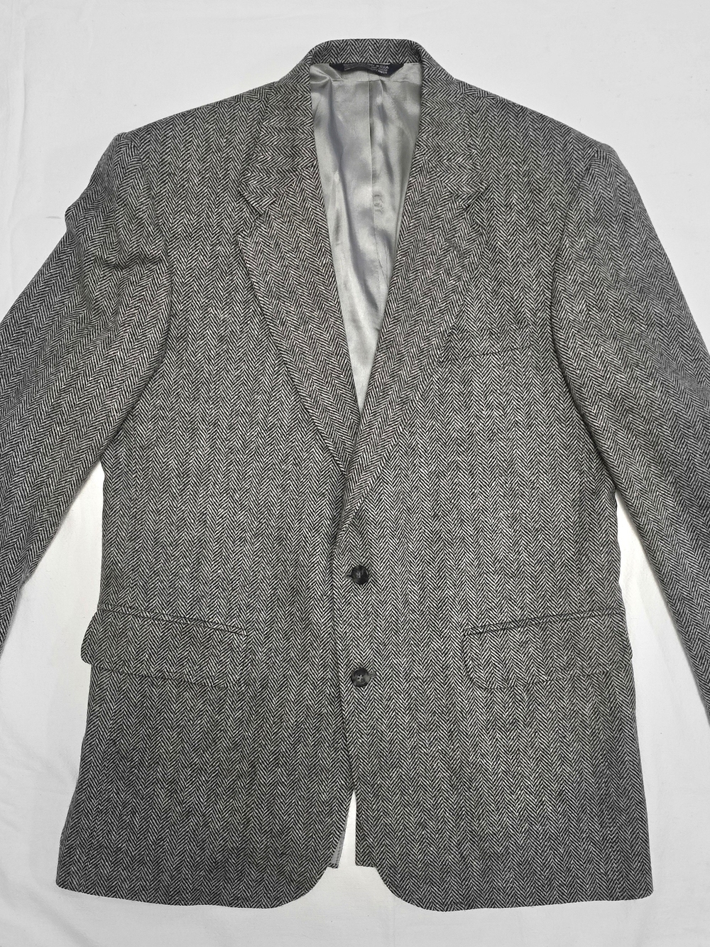Lands End Men's Black Gray Herringbone Tweed Lambswool Blazer Sport Coat 42L EUC